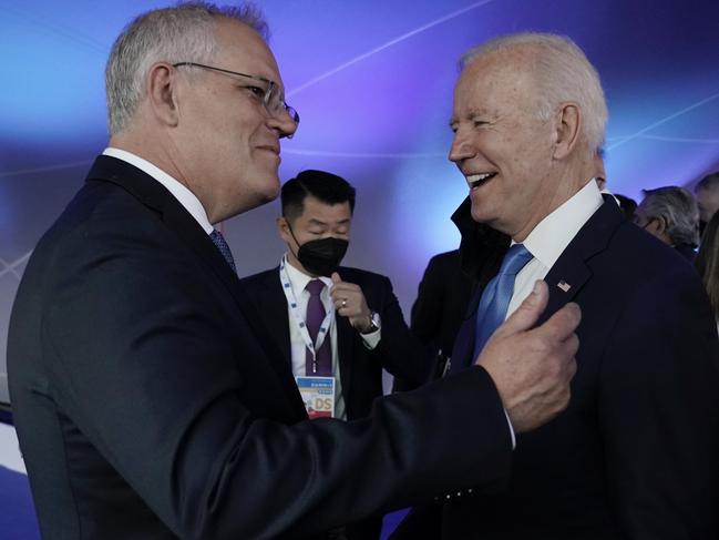 Scott Morrison with US President Joe Biden in Rome. Picture: Adam Taylor