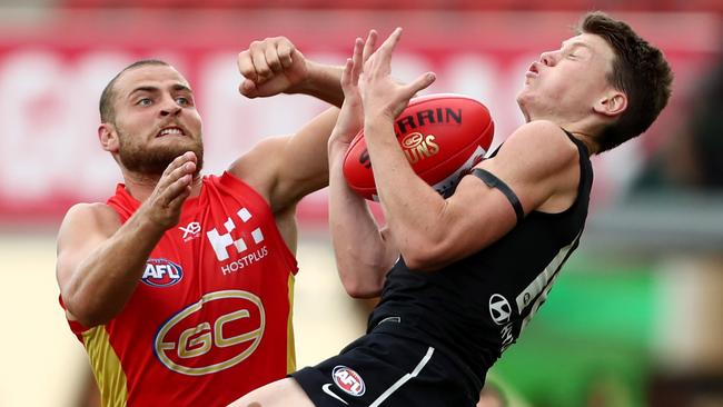 Carlton’s Sam Walsh takes a contested mark against Gold Coast Suns in Round 4. Picture: Chris Hyde/Getty Images