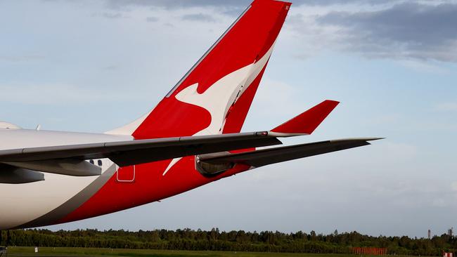 A Qantas plane at the Brisbane International Airport. Picture: David Clark