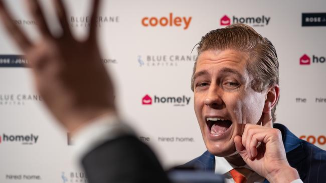 Auctioneer Jake Moore brings the gavel down in an online auction for a property in Sydney’s Bondi. Picture: Julian Andrews.