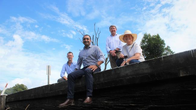 From Left: Coffs Harbour City Council's Acting Section Leader Project Delivery Tom Handel, Coffs Harbour MP Gurmesh Singh, Director Sustainable Infrastructure Mick Raby and Mayor Denise Knight. 11 timber bridges like the Hosche Bridge on Fridays Creek Road in Upper Orara will be replaced across the Coffs Harbour LGA through the NSW Government's Fixing Country Bridges Program. Photo: Tim Jarrett