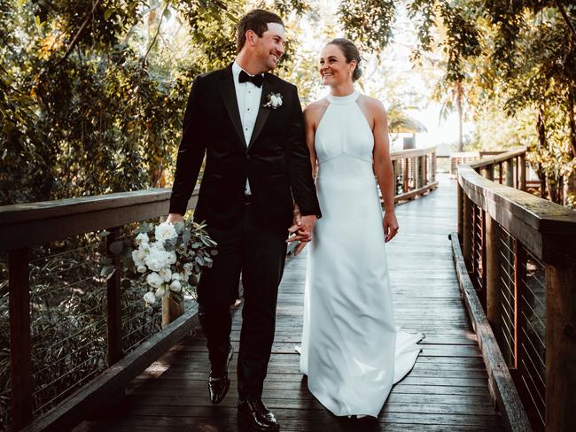 Blissful newlyweds Ash Barty and Garry Kissick at their Queensland wedding in July. Picture: Nic Morley