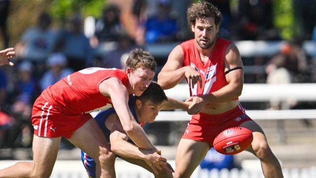 Harry Elbrow and Campbell Combe in action for North Adelaide. Picture: Brenton Edwards