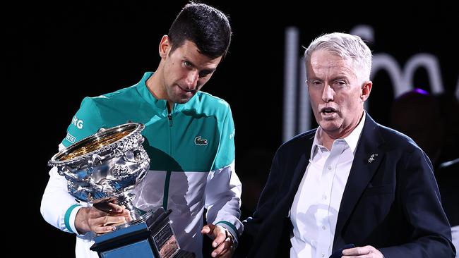 Novak Djokovic with Tennis Australia CEO Craig Tiley in Melbourne last February. Picture: Getty Images