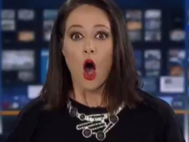 In a video snippet shared by Media Watch yesterday, ABC News 24 presenter Natasha Exelby nearly jumps out of her chair  when she momentarily fails to realise that she is on air. Source : Supplied