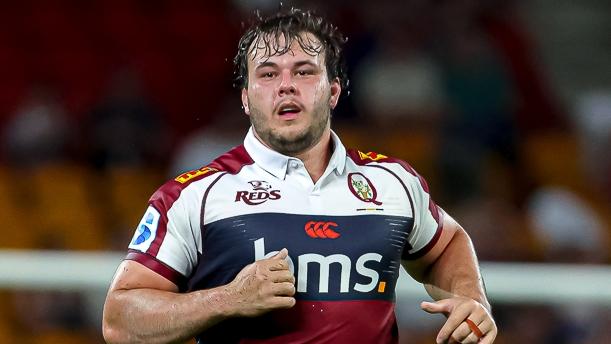 Queensland Reds prop Massimo de Lutiis on his Super Rugby Pacific debut against Moana Pasifika at Suncorp Stadium on February 21, 2025. Picture: QRU Media