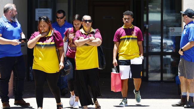 The family of Dennis "Millsy" Mills and Stratford soccer club friends walk from the Cairns Court House after Brendan Gallagher was found guilty of the operation of a vehicle causing death. Picture: Brendan Radke