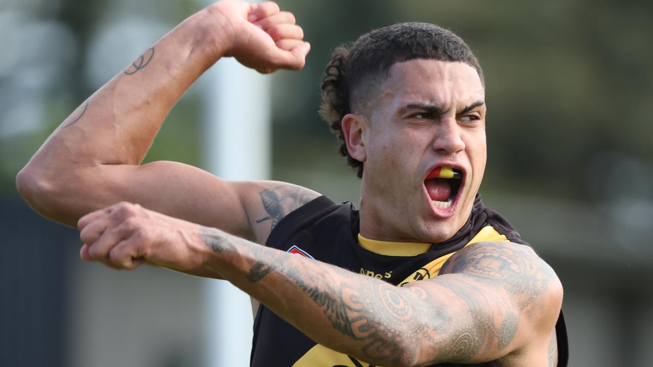 James Bell from Glenelg reacts after scoring a goal  during the Round 9 SANFL match between Glenelg and Sturt at Glenelg Oval in Adelaide, Monday, June 12, 2023. (SANFL Image/David Mariuz)