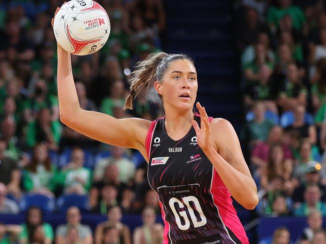 PERTH, AUSTRALIA - APRIL 23: Matilda Garrett of the Thunderbirds looks to make a pass during the round six Super Netball match between West Coast Fever and Adelaide Thunderbirds at RAC Arena, on April 23, 2023, in Perth, Australia. (Photo by James Worsfold/Getty Images)