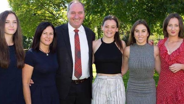 The Joyce family — (l to r) Odette, Natalie, Barnaby, Caroline, Julia and Bridgette — before the MP ended his marriage to Natalie.