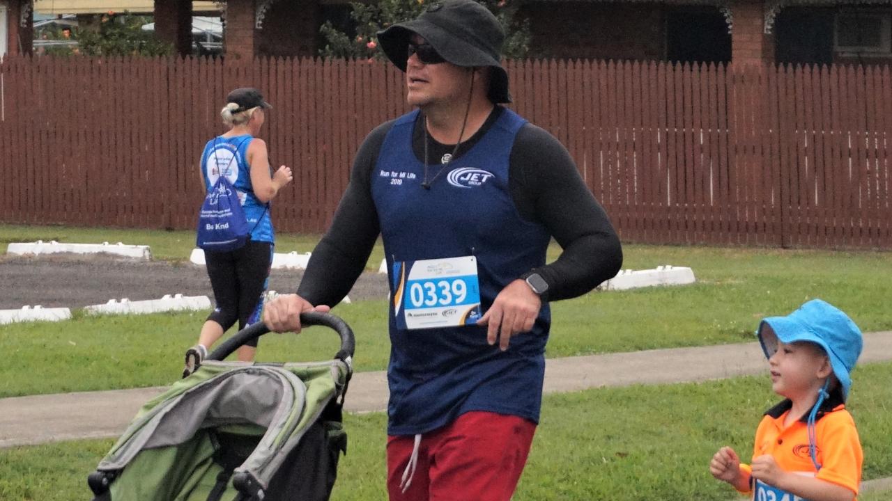 Sonny Hutchinson didn’t need the stroller, but had dad Tony along to do the pushing.