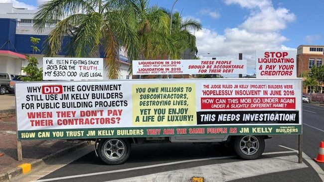 Unpaid J.M. Kelly Group creditor Mick Barfield drove from Mackay to Rockhampton to protest outside the second creditors meeting of J.M. Kelly Builders.