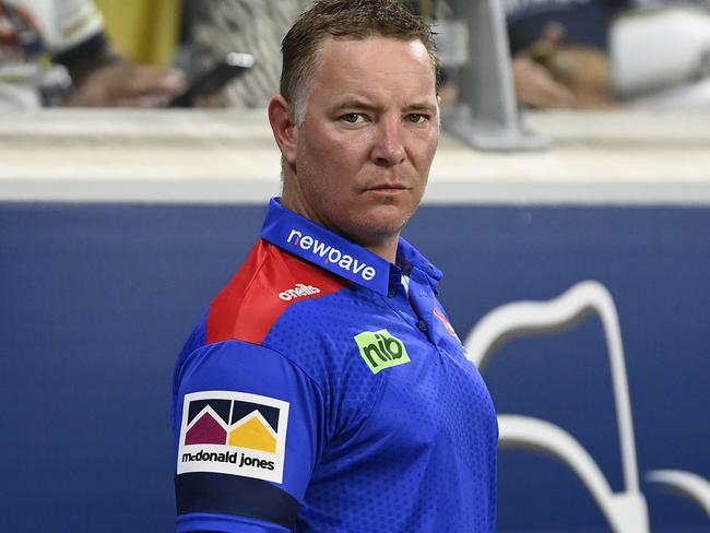 TOWNSVILLE, AUSTRALIA - MAY 07:  Newcastle coach Adam O'Brien looks on before the start during the round nine NRL match between the North Queensland Cowboys and the Newcastle Knights at Qld Country Bank Stadium, on May 07, 2022, in Townsville, Australia. (Photo by Ian Hitchcock/Getty Images)