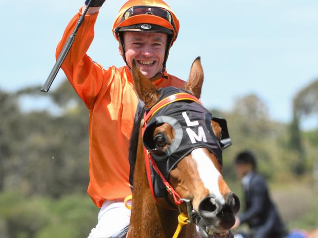 Jockey Stephen Baster returns to scale after riding Gold Fields to victory in race 4, the Sandown Stakes, during the Zipping Classic Race Day at Sandown Racecourse in Melbourne, Saturday, November 16, 2019. (AAP Image/Vince Caligiuri) NO ARCHIVING, EDITORIAL USE ONLY