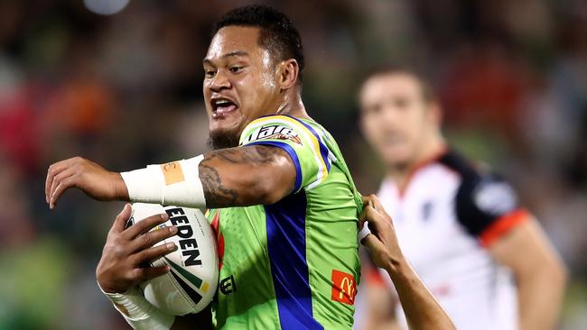 CANBERRA, AUSTRALIA — APRIL 15: Joseph Leilua of the Raiders is tackled during the round seven NRL match between the Canberra Raiders and the New Zealand Warriors at GIO Stadium on April 15, 2017 in Canberra, Australia. (Photo by Cameron Spencer/Getty Images)