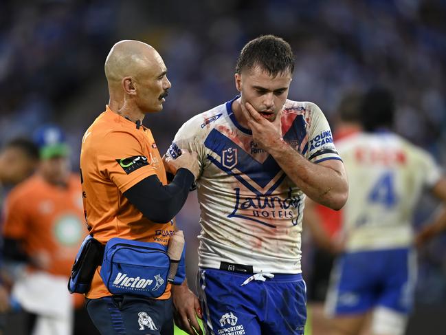 Jaeman Salmon has suffered a suspected broken jaw in the Bulldogs win over the Warriors. Picture: NRL Imagery