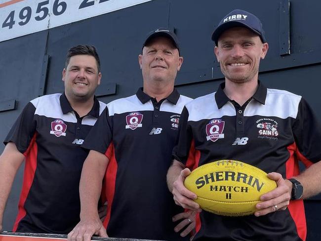 Chayse Tilley (team manager), Darren Bobin (assistant coach), and John Eddy (head coach) are the trio hoping to lead the North Mackay Saints to a sixth straight premiership. Picture: North Mackay Saints AFC Facebook.