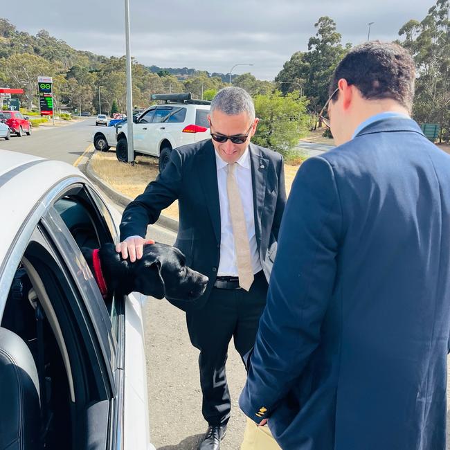 Transport Minister Tom Koutsantonis and Hills MP Dan Cregan in Mount Barker, with Mr Cregan’s black Labrador. Picture: Supplied