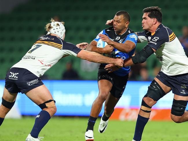 PERTH, AUSTRALIA - JUNE 01: Kurtley Beale of the Force gets tackled to the ground during the round 15 Super Rugby Pacific match between Western Force and ACT Brumbies at HBF Park, on June 01, 2024, in Perth, Australia. (Photo by James Worsfold/Getty Images)