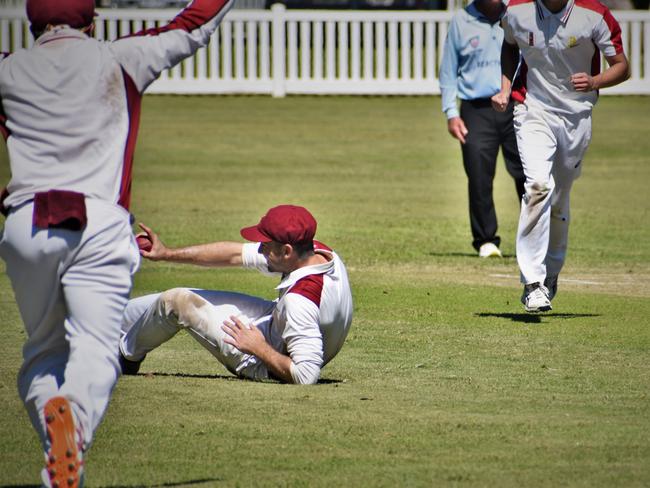 Brothers Clocktower Hotel captain Jake Kroehnert takes a sharp catch at short mid wicket to remove Ulmarra Hotel Tucabia Copmanhurst No.6 batsman Andrew Ellis for 2 during the Clarence River Cricket Association 2020/21 GDSC Premier League grand final at Ellem Oval on Sunday, 28th March, 2021.