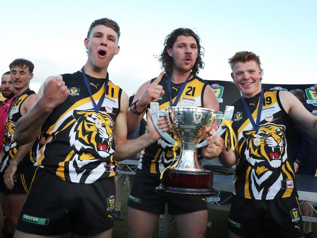 James Zeitzen, Jack Tomkinson, Murray Bastick Tigers. TSL grand final Kingborough Tigers V North Launceston. Picture: Nikki Davis-Jones