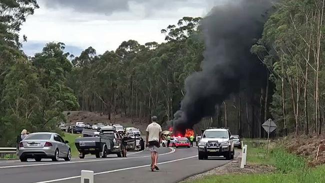 The horrific crash scene which claimed the lives of the Falkholt family. Picture: Seven News Sydney