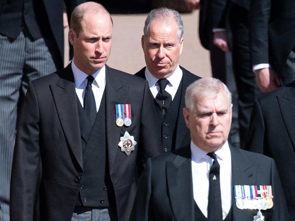 Prince Andrew, Duke of York, Prince William, Duke of Cambridge and Earl of Snowdon David Armstrong-Jones during the funeral of Prince Philip, Duke of Edinburgh. Picture: Samir Hussein/WireImage