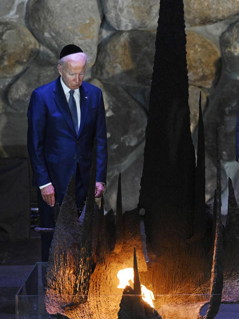 US President Joe Biden stands before the Eternal Flame at the Yad Vashem Holocaust Memorial. Picture: AFP