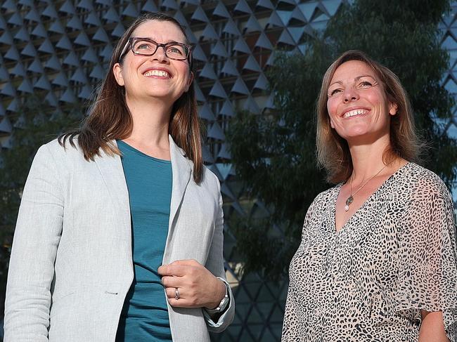 Business - Wednesday, 7th April, 2021 - Melissa Mcbrunie from Brandon Capital and Yvette van Enennaam, Adelaide Biomed City general manager in front of the SAHMRI building. Picture: Sarah Reed