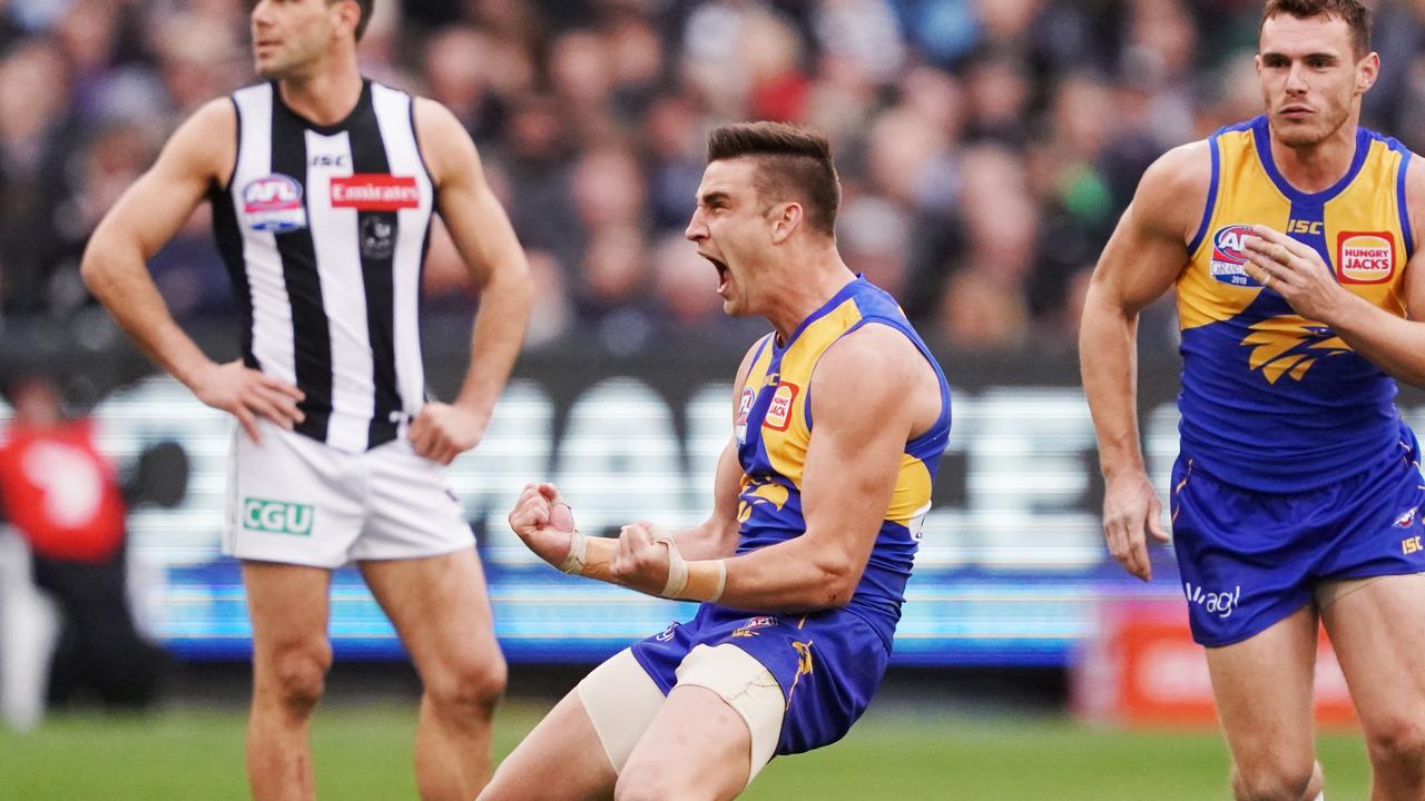 Elliot Yeo celebrates a goal in the grand final win over Collingwood.