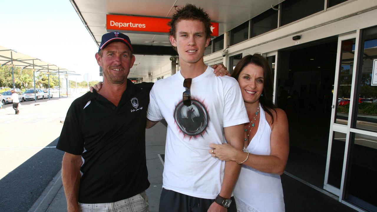 Southport Sharks QAFL team member Dayne Beams pictured at the Coolangatta Airport with his Parents Phillip Beams and Sharene Christie , on his way to Melbourne after bing picked up by Collingwood in the AFL draft