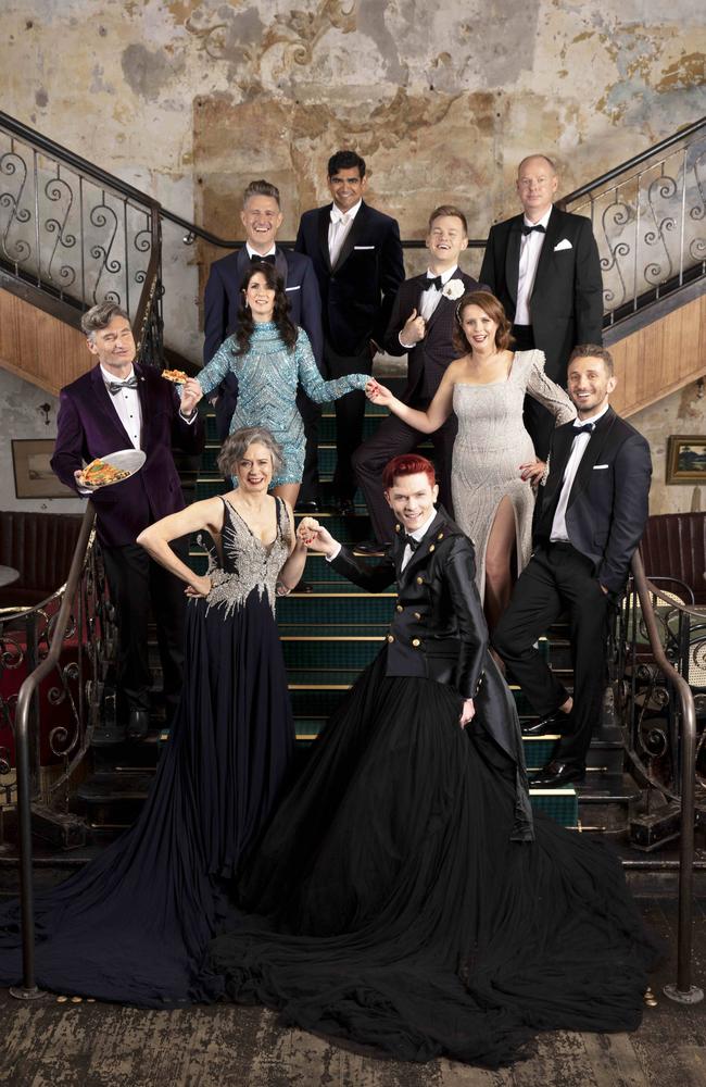 Wil Anderson, Hughesy, Joel Creasey, Tommy Little, Dilruk Jayasinha, Judith Lucy, Anne Edmonds, Tom Gleeson, Becky Lucas, Rhys Nicholson, in black tie finery in a rock ‘n roll setting (Espy) with comedy heritage. Picture: Nicole Cleary