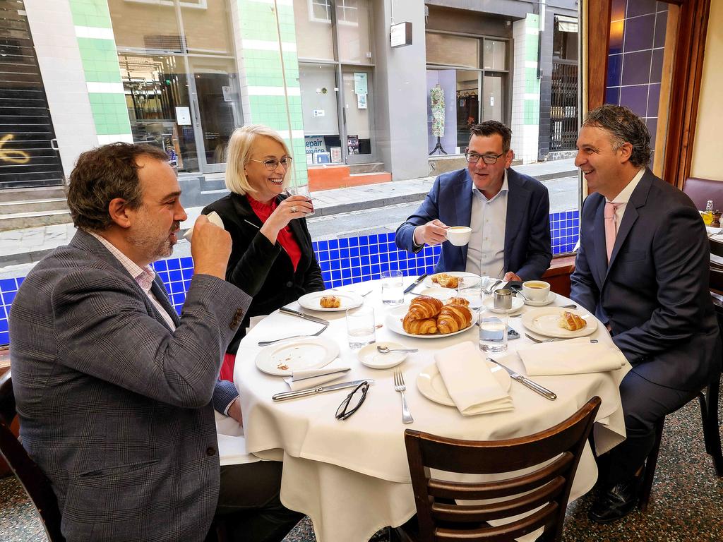 Minister Martin Pakula, Sally Capp, Daniel Andrews and Victorian Chamber of Commerce CEO Paul Guerra at Becco Restaurant and Bar in the CBD. Photo: NCA NewsWire / Ian Currie