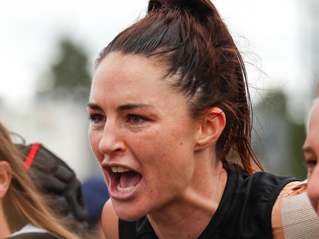 MELBOURNE, AUSTRALIA - MARCH 08: Sharni Layton of the Magpies sings the team song during the 2020 AFLW Round 05 match between the Collingwood Magpies and the Western Bulldogs at Morwell Recreation Reserve on March 08, 2020 in Melbourne, Australia. (Photo by Dylan Burns/AFL Photos via Getty Images)