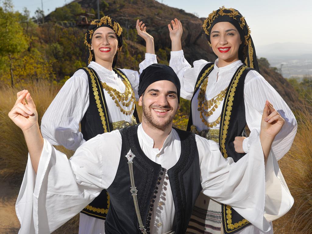 Greek Festival Hellenic dancers Eleni Bogiatzis, Yianna Cambetis, and Matthew Gianoulis in a preview picture for the event in 3 weeks. Picture: Wesley Monts