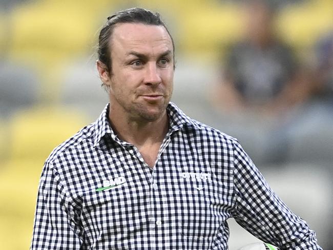 TOWNSVILLE, AUSTRALIA - MAY 24: Cowboys Assistant coach James Maloney looks on during the round 12 NRL match between North Queensland Cowboys and Wests Tigers at Qld Country Bank Stadium, on May 24, 2024, in Townsville, Australia. (Photo by Ian Hitchcock/Getty Images)