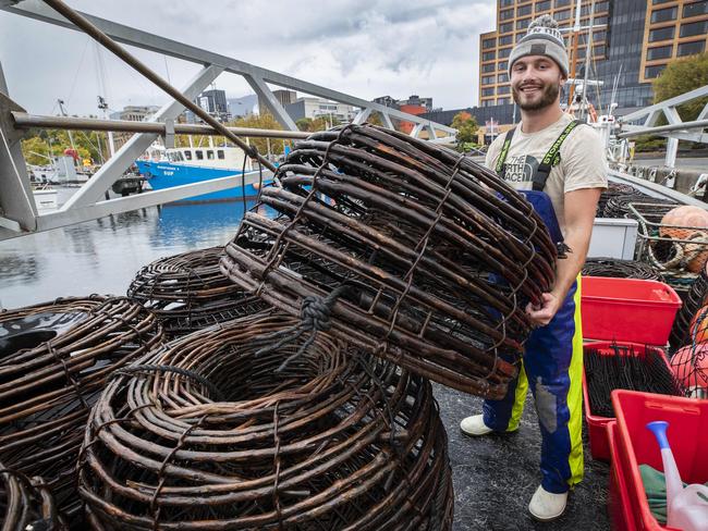 Cray fisher Riley Jemison prepares to head out onboard the William Norling at Hobart. Picture: Chris Kidd