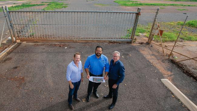 Stuart Tottham, Nigel Browne and Sean Bowden at the proposed Stadium site on McMinn St. Picture: Glenn Campbell