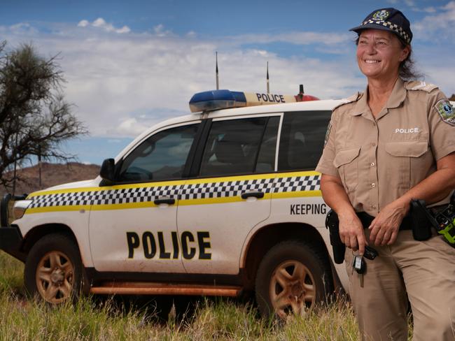 APY Lands - Umawa - Senior Constable Lynn Gibson out on patrol on the road between Pukatja (Ernabella) and Amata. 5 December 2024. Picture: Dean Martin