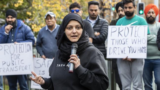 Multicultural Council of Tasmania (MCOT) chair Aimen Jafri speaks during the Taxi drivers rally at Franklin Square. Picture: Chris Kidd