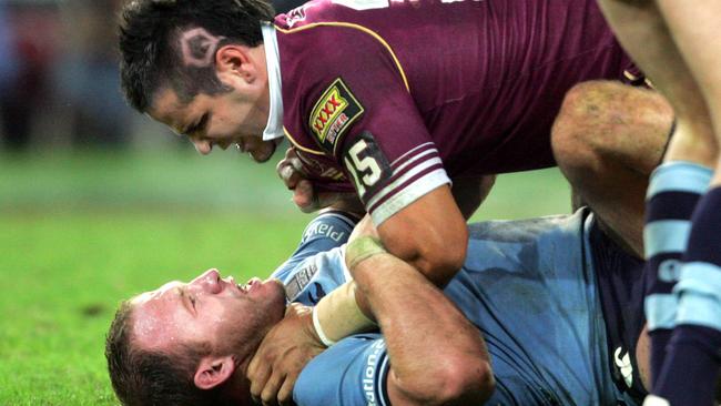 Carl Webb meets Luke Bailey in the 2005 State of Origin series. Picture: Darren England.