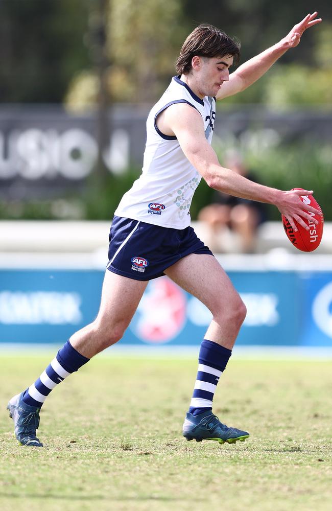 BRISBANE, AUSTRALIA – JULY 07: Jonty Faull of Victoria Country kicks during the Marsh AFL National Championships match between U18 Boys Allies and Victoria Country at Brighton Homes Arena on July 07, 2024 in Brisbane, Australia. (Photo by Chris Hyde/AFL Photos/via Getty Images)