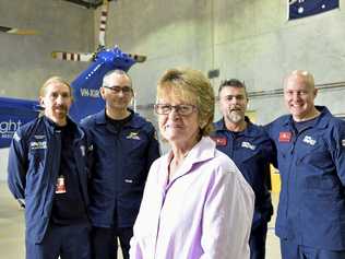 Margaret Woolley was impaled by steel rods that fell off a truck on the highway. Margaret returned to Lifeflight to meet the team who saved her life. From left; Dr Jacob Crosdale, Simon Cadzow, Scott Nichols, Murrary Gladwin. July 2019