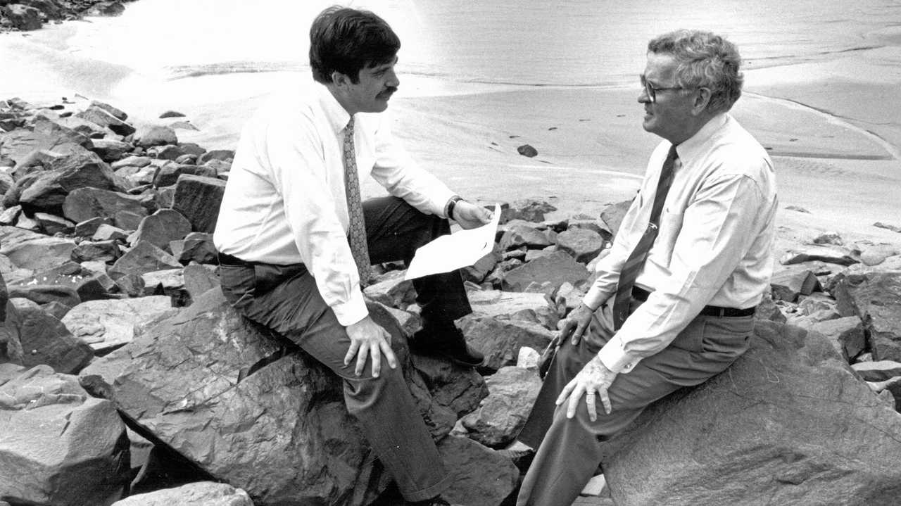 MARINA TALKS: Transport Minister Daniel Hamill and Mackay Port Authority chairman Ron Searle discuss a small boat haven at the harbour. 1994Photo Daily Mercury Archives. Picture: Daily Mercury Archives