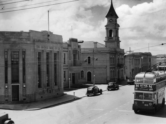 A double-decker bus in St Vincent St, in Port Adelaide. Date unknown.