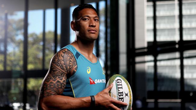 Wallabies player Israel Folau poses for a photograph after a press conference at the Australian Rugby Union headquarters in Sydney, Monday, October 23, 2017. Folau will play his last game of the season with the Wallabies against the Barbarians on Saturday at Allianz Stadium. (AAP Image/Daniel Munoz) NO ARCHIVING