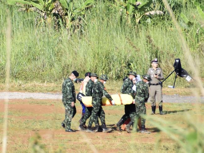 A stretcher carrying the fifth boy rescued from a cave in northern Thailand. Picture: AP