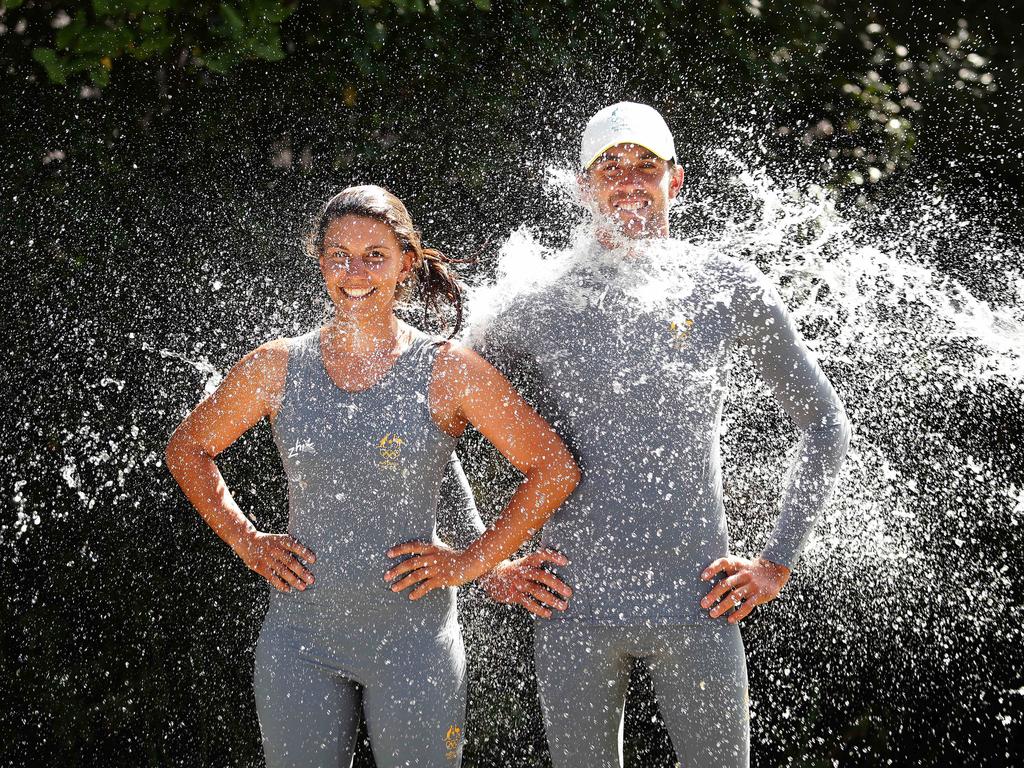 Lisa Darmanin and Jason Waterhouse weather test the Aussie sailing kit for the 2016 Rio Olympic Games. Picture: Brett Costello