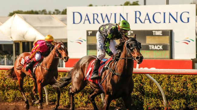 Dan Morgan rides the David Bates trained Dancers Kin in the Ascend Sales Trophy Handicap over 1000m at Fannie Bay, as part of the 2019 Palmerston Sprint. Picture: Glenn Campbell