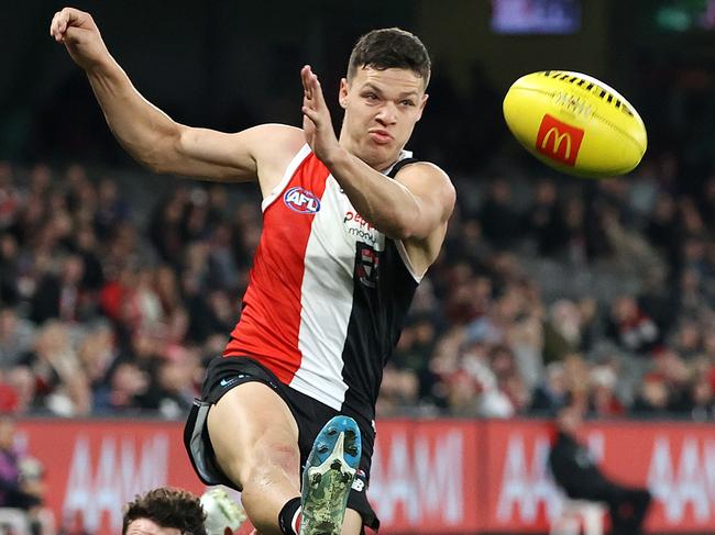 2022 AFL Football Round 22 - St Kilda Saints V Brisbane Lions at Marvel Stadium. Marcus Windhager of the Saints under pressure from Lachie Neale of the Brisbane Lions. Picture: Mark Stewart